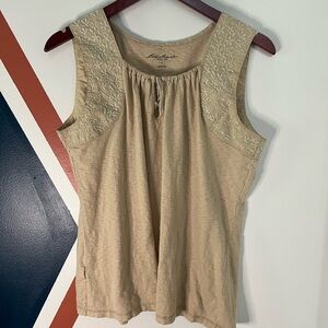 Eddie Bauer Vintage Tan Pleated Smocked Blouse with Embroidered Detail